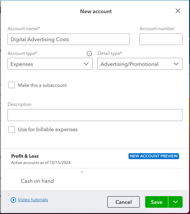 Screen where you can add a new account in QuickBooks Online