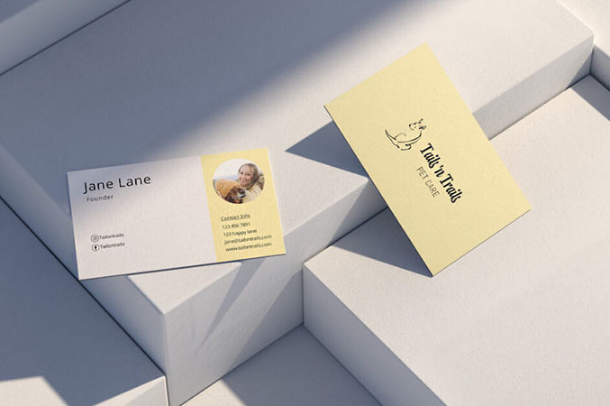 Business cards for a pet care company designed by Looka
