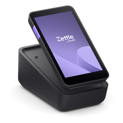 PayPal's touchscreen handheld card reader and mobile POS with a countertop charging dock.