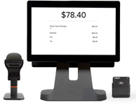 Pay Desk Plus hardware, including monitor, scanner, EMV reader, and dock.