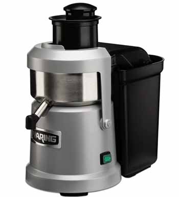 Acommercial centrifugal juicer with a Waring logo.