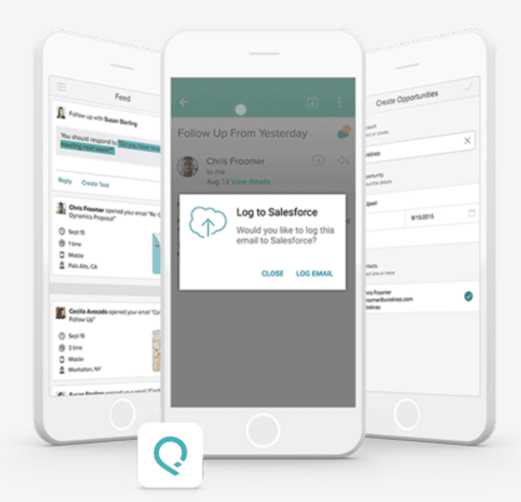 Salesforce Inbox mobile app showing email logging.