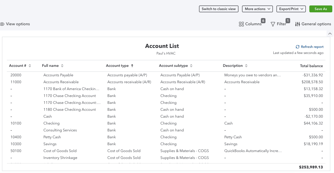 Sample copy of chart of accounts in QuickBooks Online showing details like account names and types