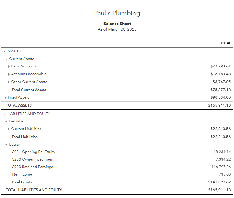 Sample of a Report Form Balance from QuickBooks Online