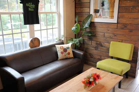 A brown leather couch and plush green chair arranged around a coffee table at a juice bar.