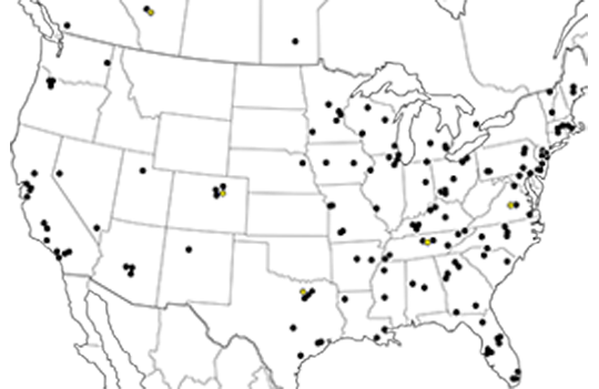 Map of the United States showing black dots marking locations of Performance Food Group distribution centers.