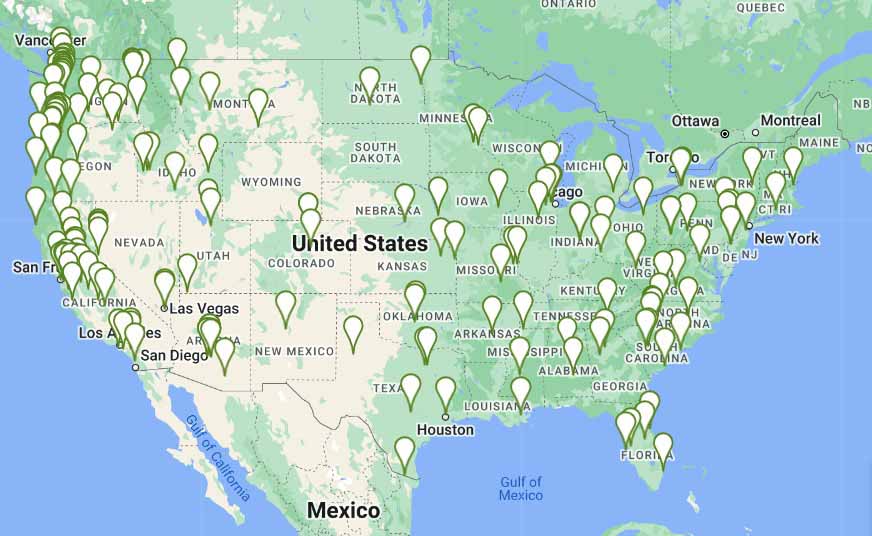 Map of the United States showing white bubbles marking locations of US Foods distribution centers.