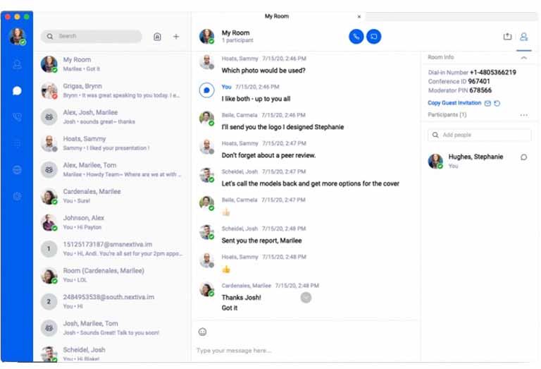 Nextiva interface showing a list of messages in one panel and a chat thread titled "My Room"
