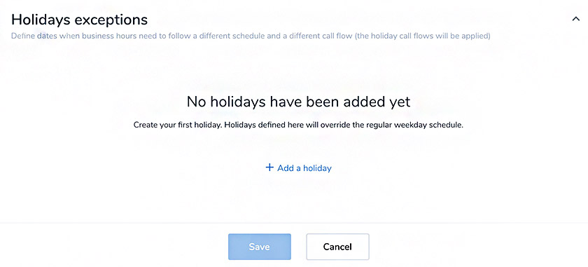 8x8 interface showing the "Holidays exceptions" settings, which allow users to add holidays, directing the phone system to follow a schedule different from the normal business hours