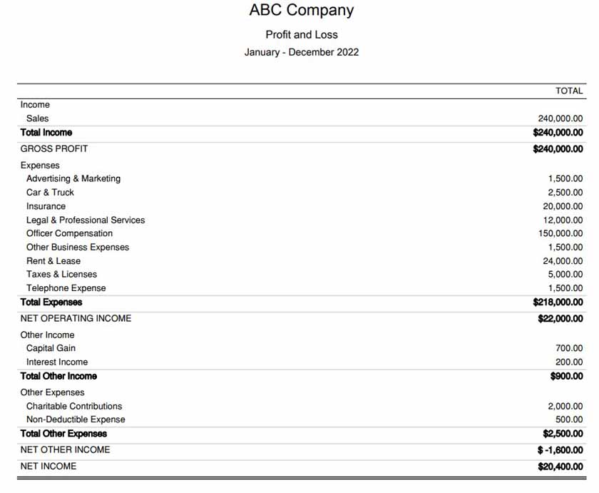 ABC Company's 2022 Profit and Loss Statement.