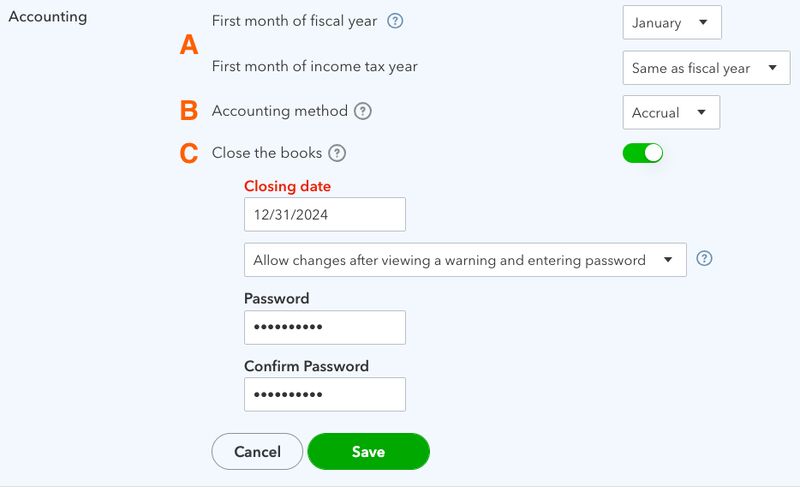 Screen where you can adjust accounting options in QuickBooks, including the accounting method