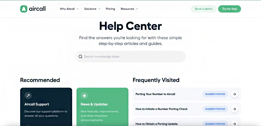 Screencapture of the landing page of Aircall's Help Center where customers can go through articles and guides on frequent questions and concerns.