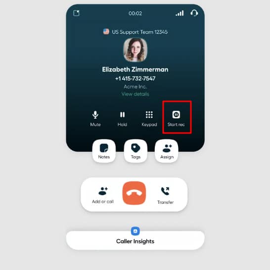 Aircall interface showing a live call and the platform's call control buttons, including mute, hold, keypad, and start recording.