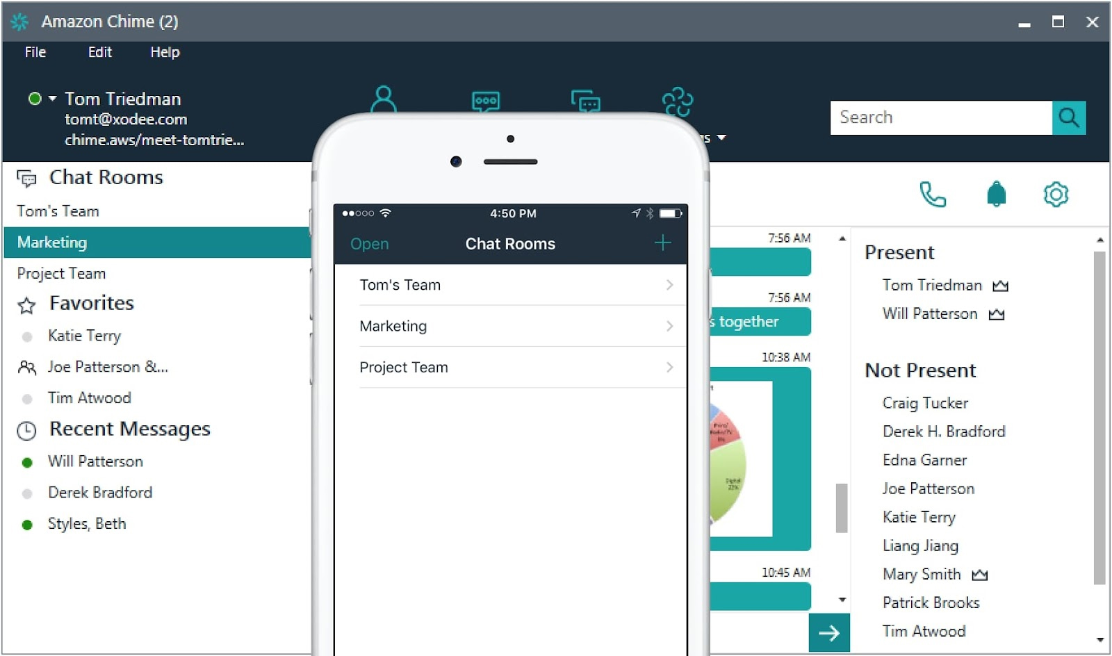 Mobile and desktop interface of Amazon Chime when using chat groups.