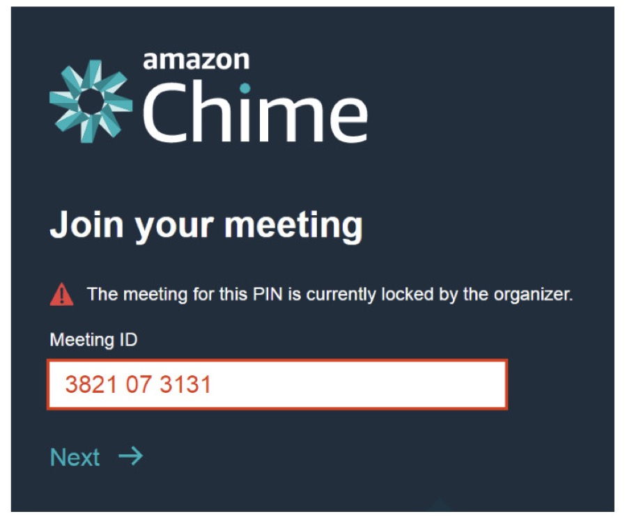 Screenshot of the Amazon Chime meeting ID page that's looked by an organizer.