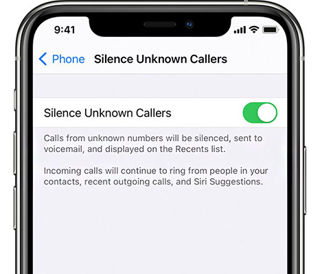 iPhone interface showing the toggle on for the silence unknown callers feature