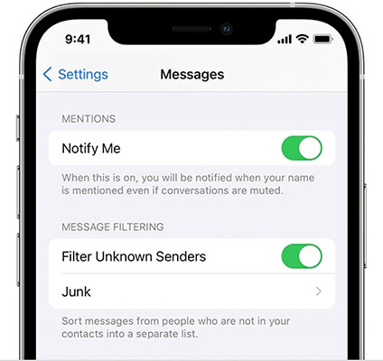 Screen capture of iPhone's interface showing the toggle on for filtering junk messages those from unknown senders