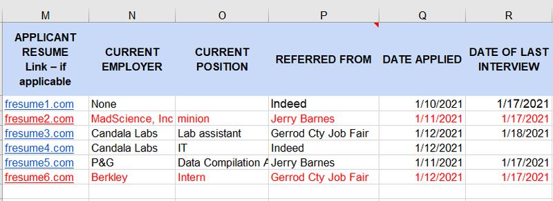 Applicant employment information for master tracker spreadsheet.