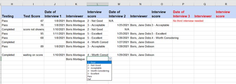 Applicant tracking spreadsheet with drop down text for interview score.