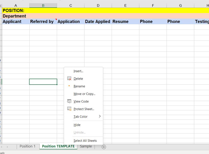 Applicant tracking spreadsheet with instructions to change sheet name.