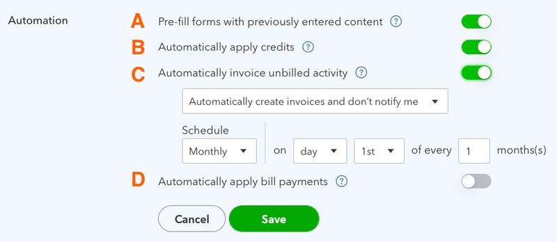 Screen where you can set up automated settings in QuickBooks Online