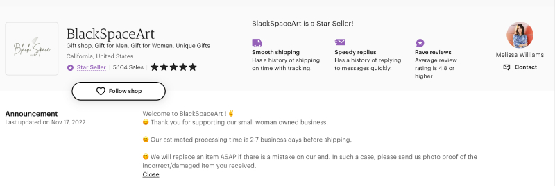 The top of an Etsy seller page showing an announcement with text and emojis explaining the seller's status as a woman-owned business, their estimated processing time, and replacement policy.