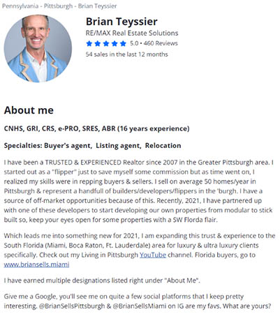 Screenshot of Brian Teyssier Zillow bio