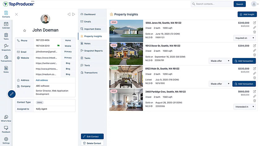 A screenshot of CRM dashboard for Top Producer software showing a contact's photo, information and interested properties.
