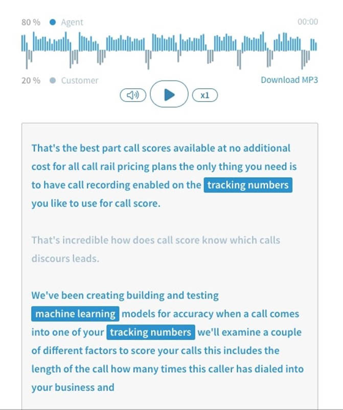 Graphics showing call recording soundbites followed by transcription with keyword highlights.