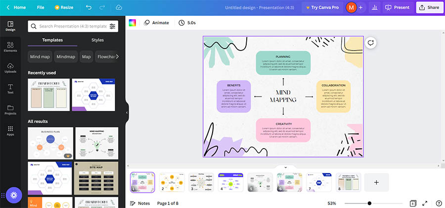 The free Canva mind mapping dashboard with a colorful template.
