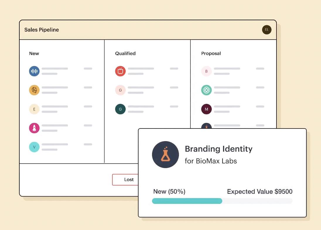 Screenshot of sales pipeline dashboard with three columns and pop-out of single prospect.