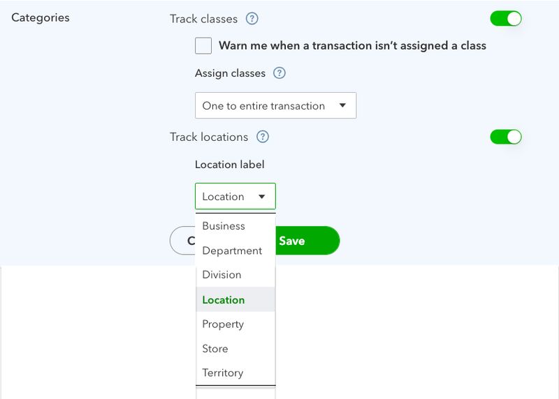 Screen where you can enable class and location tracking in QuickBooks Online