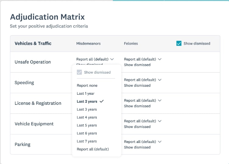 A screenshot of Checkr's adjudication matrix.