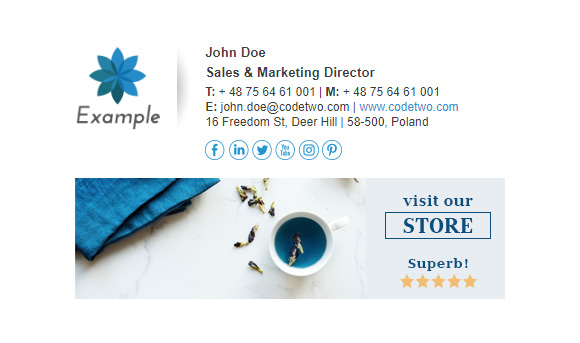 Email signature by Mail Signatures with a clickable banner ad leading to an online store