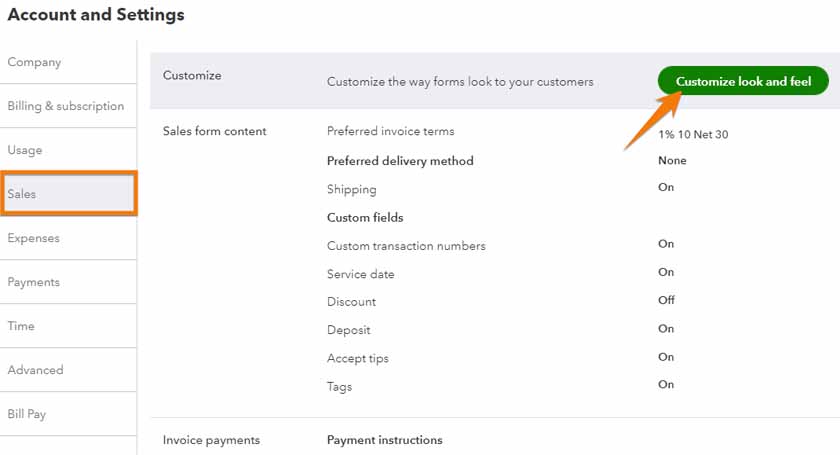 Screen indicating where you can customize your invoices from the sales tab in QuickBooks.