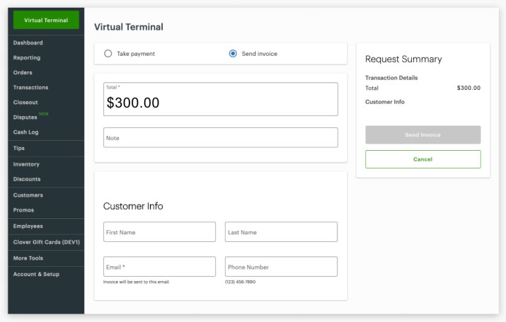 Clover Virtual Terminal invoice screen.