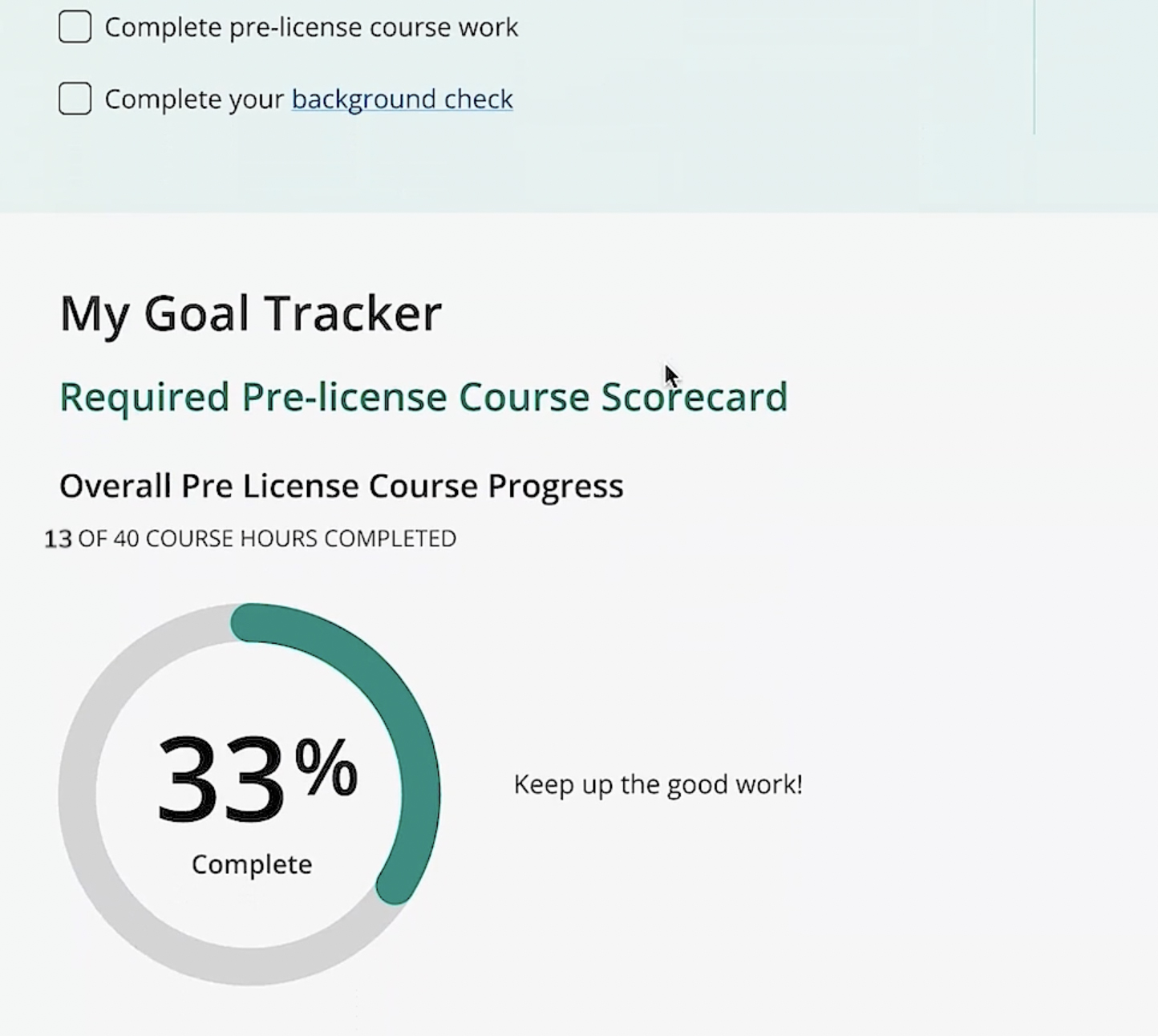 Colibri Real Estate pre-license course goal tracker.