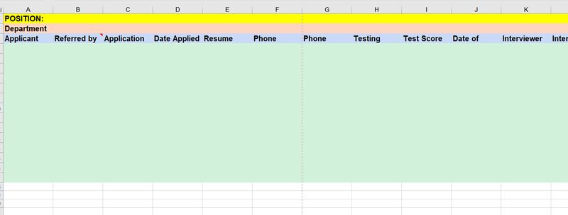 Color coded Excel spreadsheet listing position, department, and applicant information.