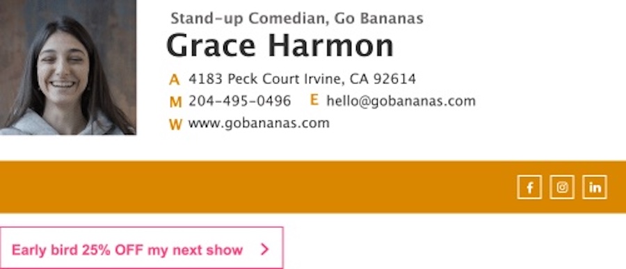 Email signature featuring a headshot of a comedian