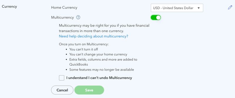 Screen where you can select home currency and enable multicurrency in QuickBooks