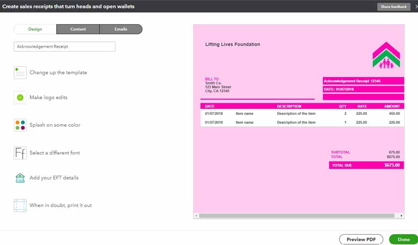 Image showing the screen where users can customize forms in QuickBooks Online.