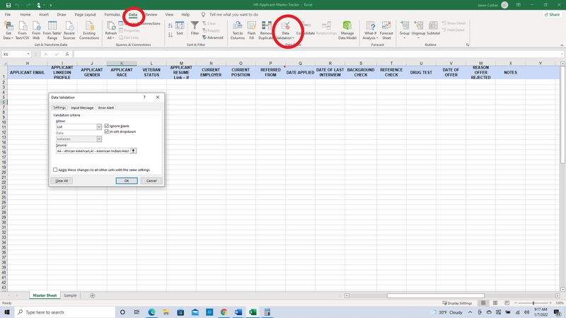 Data validation box for creating drop down information in columns on applicant tracker spreadsheet.