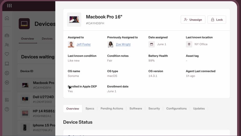 Devices dashboard for assigning computers to employees