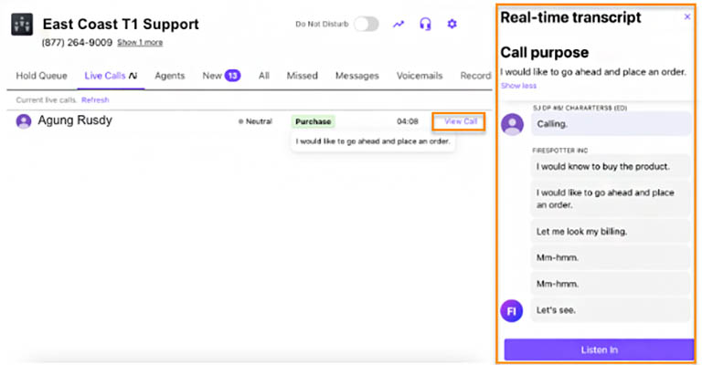 Screenshot of real-time call transcripts