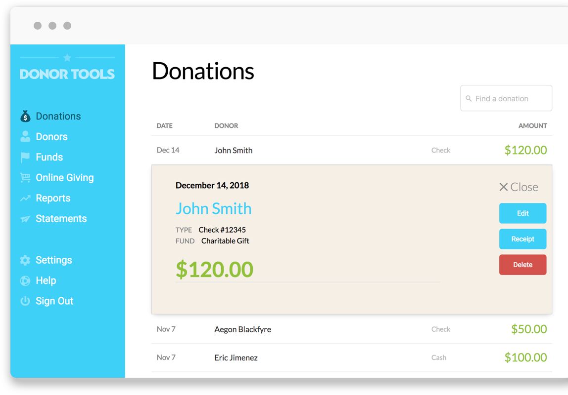 Donor Tools shows recorded donations.