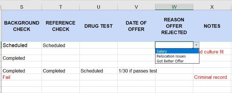 Drop down for offer rejection reason on HR applicant master tracker spreadsheet.
