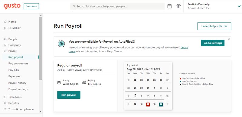 Gusto's calendar schedule for regular payroll with "run payroll" button.