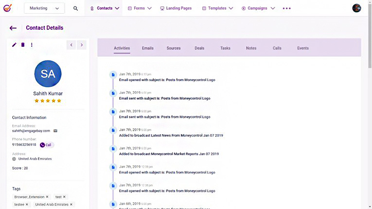 A screenshot showing EngageBay's sample activity tracking capabilities.