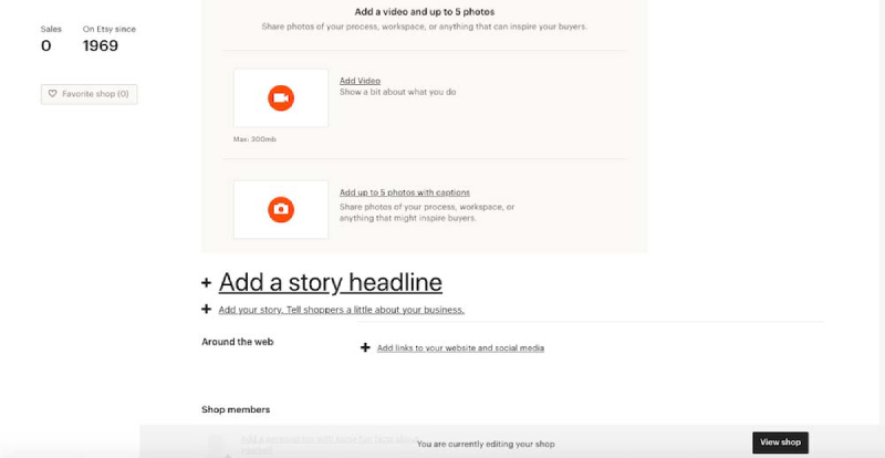 The page for users to fill out their 'About' section in an Etsy seller profile, featuring fields and buttons for uploading videos and photos, adding a story headline, and inserting website links.