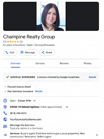 Example of a real estate agent Google profile, titled "Champine Realty Group"